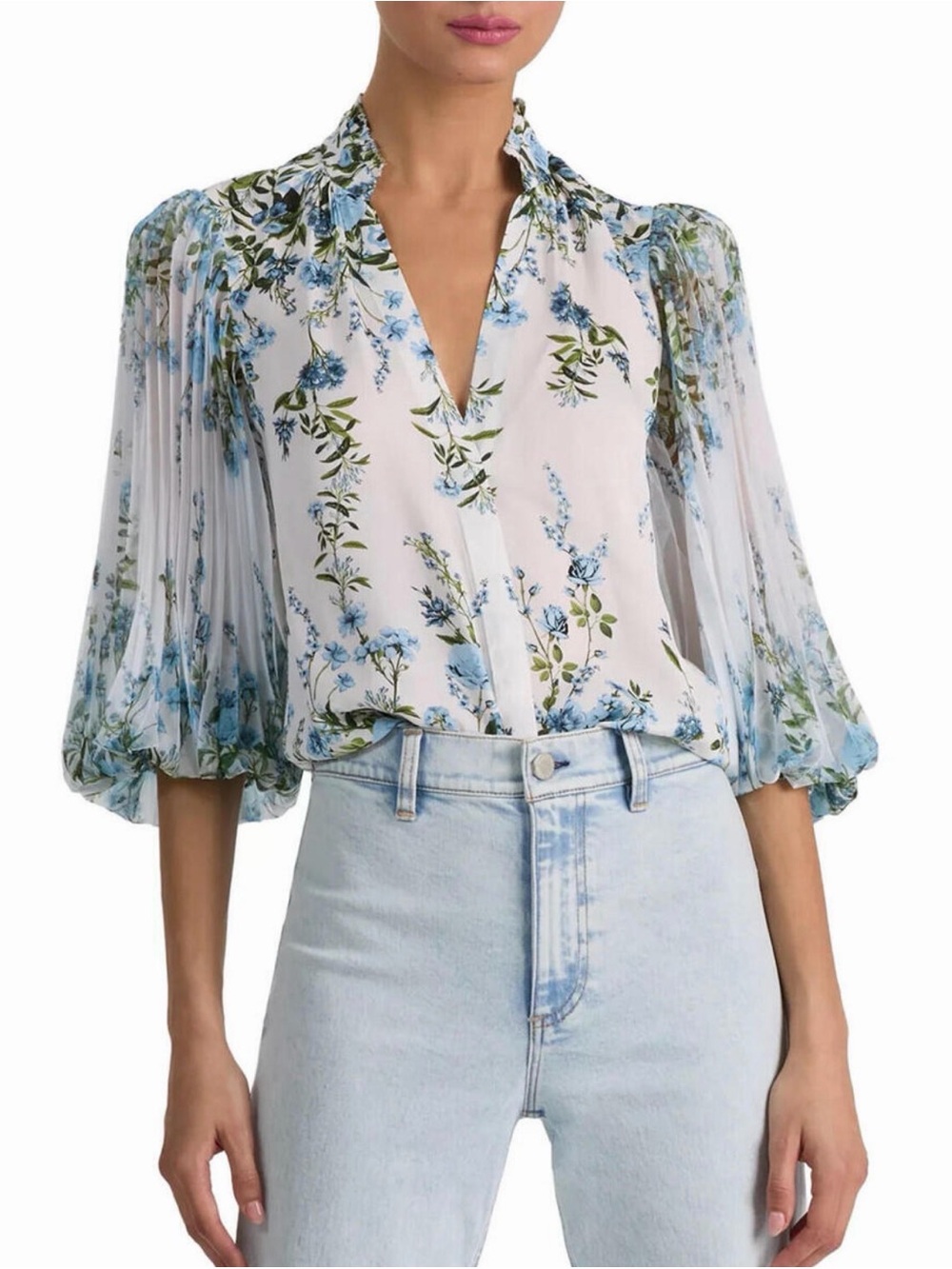 Alice + Olivia Ilan Floral Pleated Blouson Blouse Blue Botanical Size S